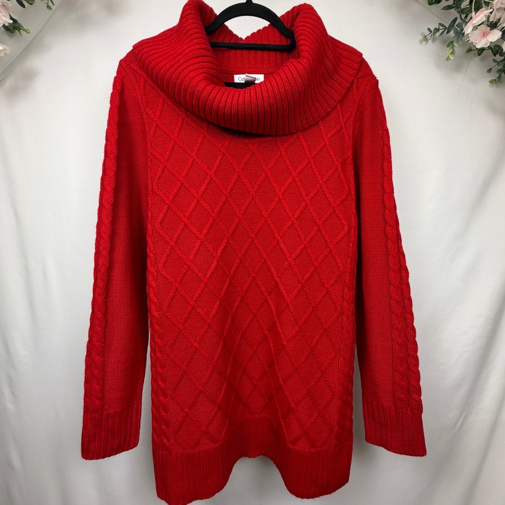 Calvin Klein Red Cowl Neck Cable Knit Diamond Sweater Large M9XS6704